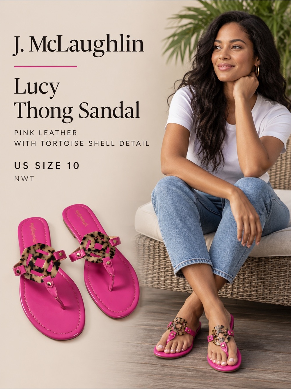 J. McLaughlin Pink Leather Thong Sandal with Tortoise Shell Accent